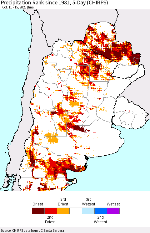 Southern South America Precipitation Rank since 1981, 5-Day (CHIRPS) Thematic Map For 10/11/2023 - 10/15/2023