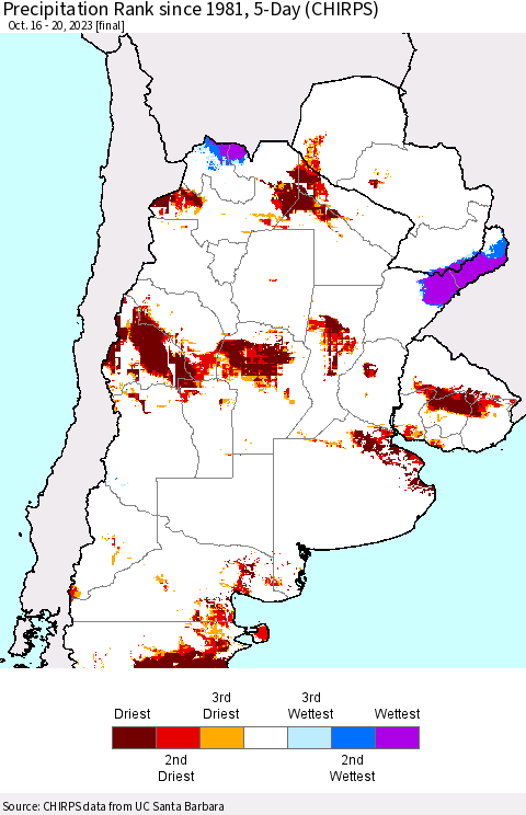 Southern South America Precipitation Rank since 1981, 5-Day (CHIRPS) Thematic Map For 10/16/2023 - 10/20/2023