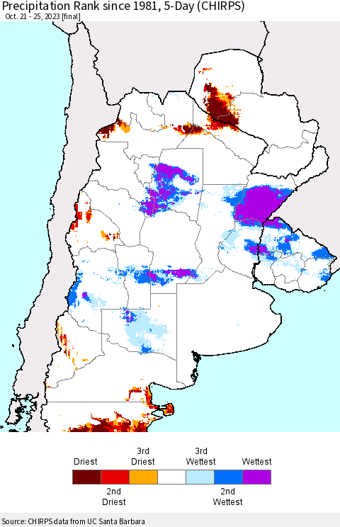 Southern South America Precipitation Rank since 1981, 5-Day (CHIRPS) Thematic Map For 10/21/2023 - 10/25/2023
