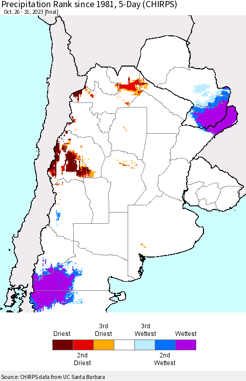 Southern South America Precipitation Rank since 1981, 5-Day (CHIRPS) Thematic Map For 10/26/2023 - 10/31/2023