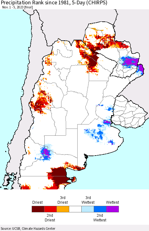 Southern South America Precipitation Rank since 1981, 5-Day (CHIRPS) Thematic Map For 11/1/2023 - 11/5/2023