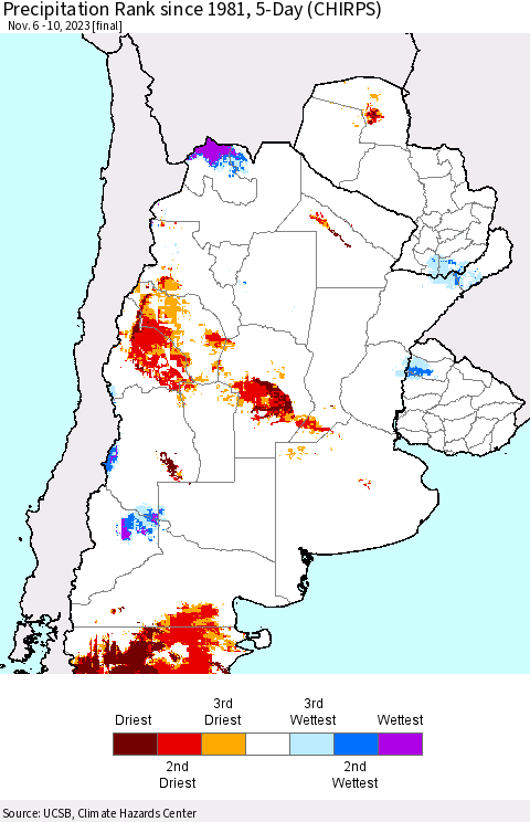 Southern South America Precipitation Rank since 1981, 5-Day (CHIRPS) Thematic Map For 11/6/2023 - 11/10/2023