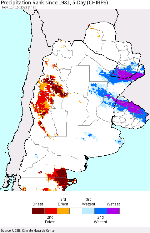 Southern South America Precipitation Rank since 1981, 5-Day (CHIRPS) Thematic Map For 11/11/2023 - 11/15/2023