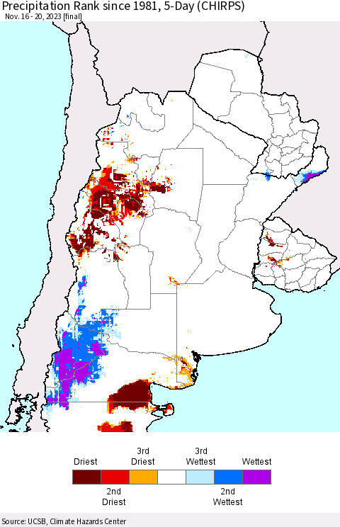 Southern South America Precipitation Rank since 1981, 5-Day (CHIRPS) Thematic Map For 11/16/2023 - 11/20/2023