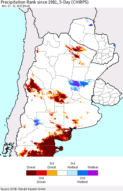 Southern South America Precipitation Rank since 1981, 5-Day (CHIRPS) Thematic Map For 11/21/2023 - 11/25/2023