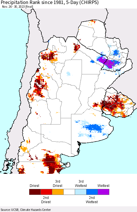 Southern South America Precipitation Rank since 1981, 5-Day (CHIRPS) Thematic Map For 11/26/2023 - 11/30/2023
