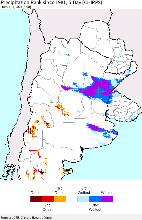 Southern South America Precipitation Rank since 1981, 5-Day (CHIRPS) Thematic Map For 12/1/2023 - 12/5/2023