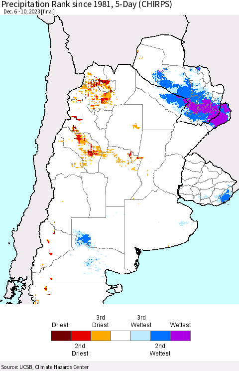 Southern South America Precipitation Rank since 1981, 5-Day (CHIRPS) Thematic Map For 12/6/2023 - 12/10/2023