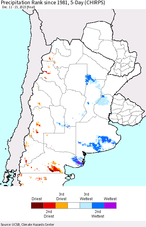 Southern South America Precipitation Rank since 1981, 5-Day (CHIRPS) Thematic Map For 12/11/2023 - 12/15/2023