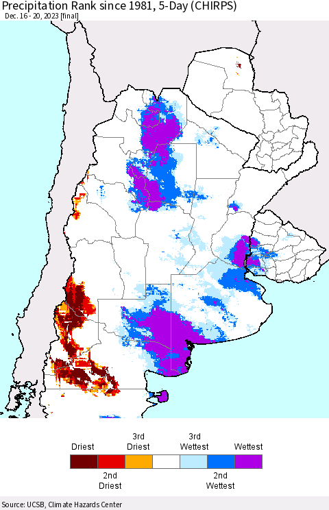 Southern South America Precipitation Rank since 1981, 5-Day (CHIRPS) Thematic Map For 12/16/2023 - 12/20/2023