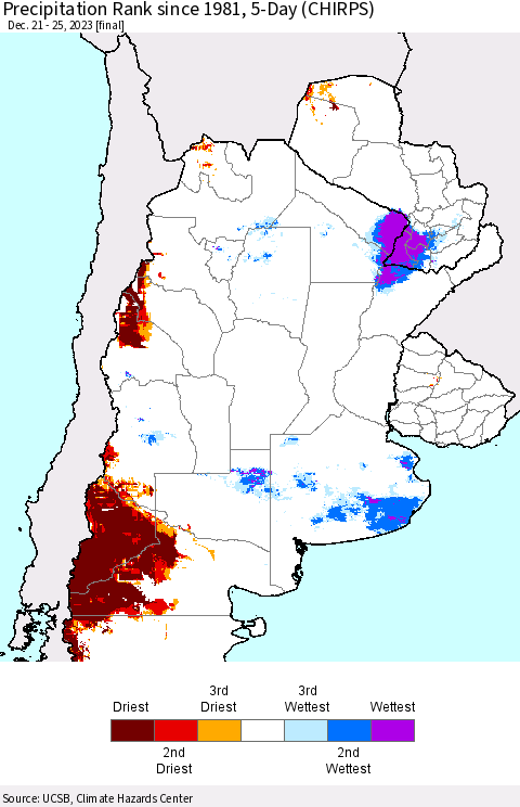 Southern South America Precipitation Rank since 1981, 5-Day (CHIRPS) Thematic Map For 12/21/2023 - 12/25/2023