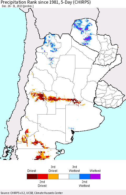 Southern South America Precipitation Rank since 1981, 5-Day (CHIRPS) Thematic Map For 12/26/2023 - 12/31/2023