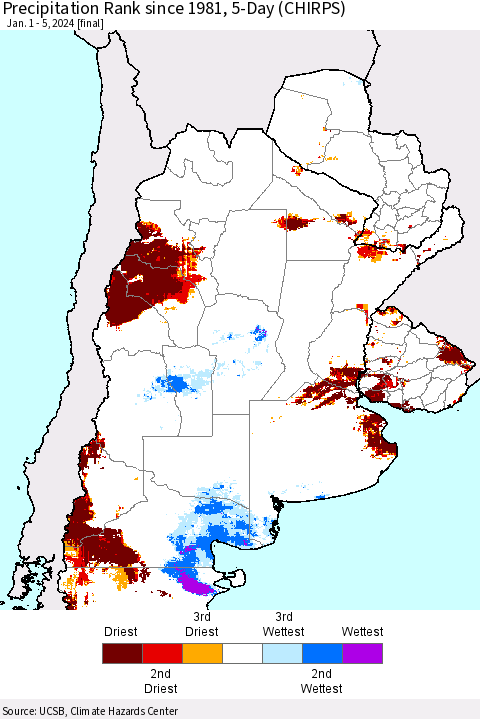 Southern South America Precipitation Rank since 1981, 5-Day (CHIRPS) Thematic Map For 1/1/2024 - 1/5/2024