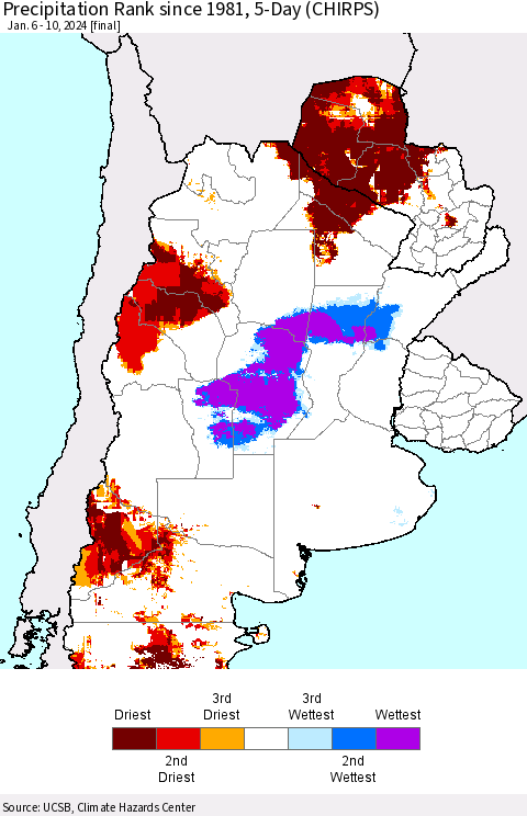 Southern South America Precipitation Rank since 1981, 5-Day (CHIRPS) Thematic Map For 1/6/2024 - 1/10/2024