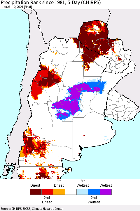 Southern South America Precipitation Rank since 1981, 5-Day (CHIRPS) Thematic Map For 1/6/2024 - 1/10/2024