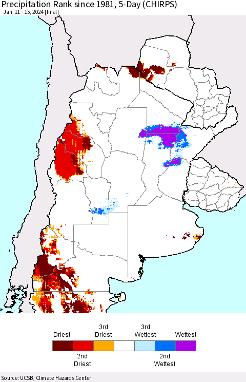 Southern South America Precipitation Rank since 1981, 5-Day (CHIRPS) Thematic Map For 1/11/2024 - 1/15/2024
