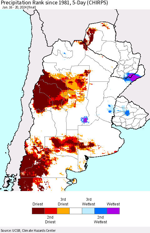 Southern South America Precipitation Rank since 1981, 5-Day (CHIRPS) Thematic Map For 1/16/2024 - 1/20/2024