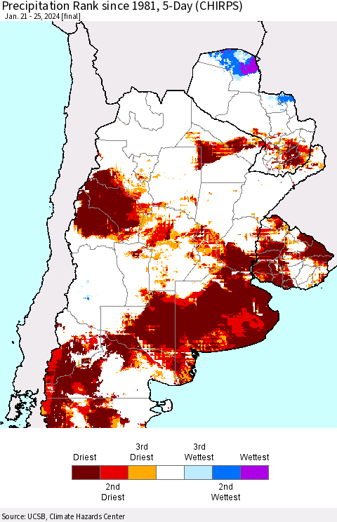Southern South America Precipitation Rank since 1981, 5-Day (CHIRPS) Thematic Map For 1/21/2024 - 1/25/2024