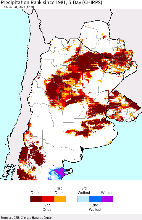 Southern South America Precipitation Rank since 1981, 5-Day (CHIRPS) Thematic Map For 1/26/2024 - 1/31/2024