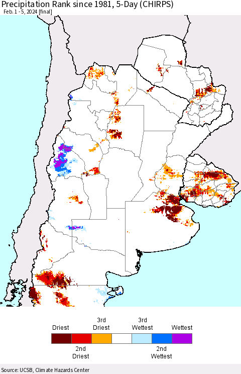 Southern South America Precipitation Rank since 1981, 5-Day (CHIRPS) Thematic Map For 2/1/2024 - 2/5/2024