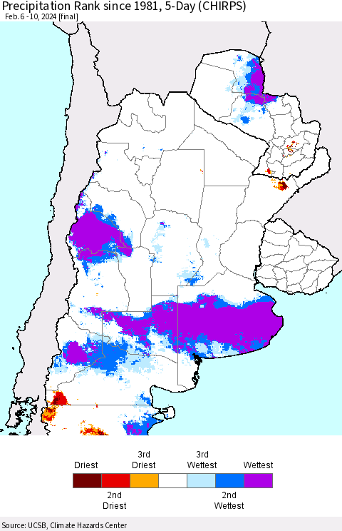 Southern South America Precipitation Rank since 1981, 5-Day (CHIRPS) Thematic Map For 2/6/2024 - 2/10/2024