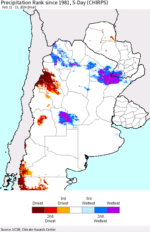 Southern South America Precipitation Rank since 1981, 5-Day (CHIRPS) Thematic Map For 2/11/2024 - 2/15/2024