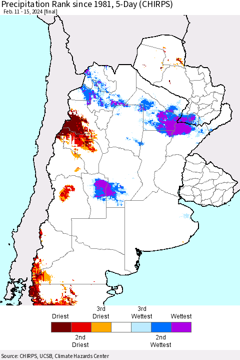 Southern South America Precipitation Rank since 1981, 5-Day (CHIRPS) Thematic Map For 2/11/2024 - 2/15/2024