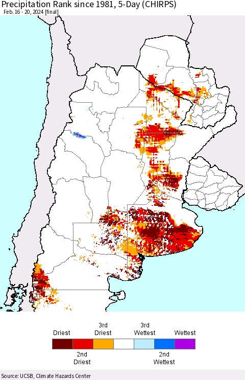 Southern South America Precipitation Rank since 1981, 5-Day (CHIRPS) Thematic Map For 2/16/2024 - 2/20/2024