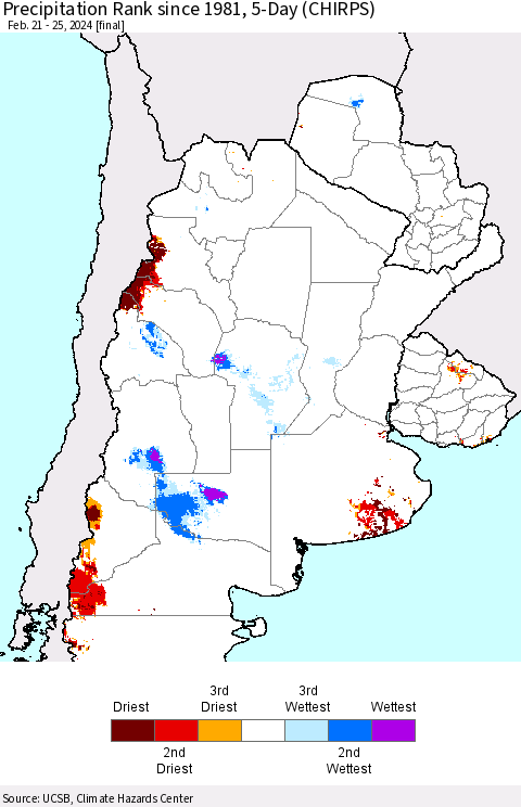 Southern South America Precipitation Rank since 1981, 5-Day (CHIRPS) Thematic Map For 2/21/2024 - 2/25/2024