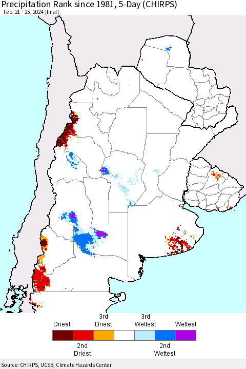 Southern South America Precipitation Rank since 1981, 5-Day (CHIRPS) Thematic Map For 2/21/2024 - 2/25/2024