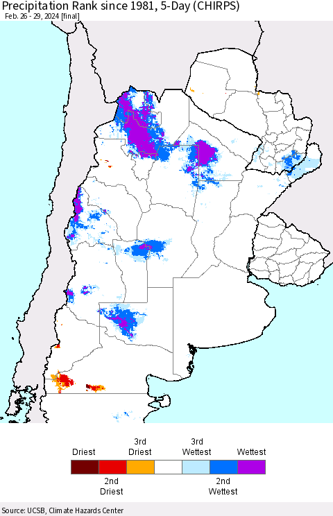 Southern South America Precipitation Rank since 1981, 5-Day (CHIRPS) Thematic Map For 2/26/2024 - 2/29/2024