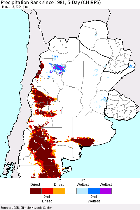 Southern South America Precipitation Rank since 1981, 5-Day (CHIRPS) Thematic Map For 3/1/2024 - 3/5/2024