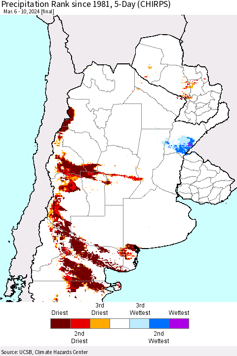 Southern South America Precipitation Rank since 1981, 5-Day (CHIRPS) Thematic Map For 3/6/2024 - 3/10/2024