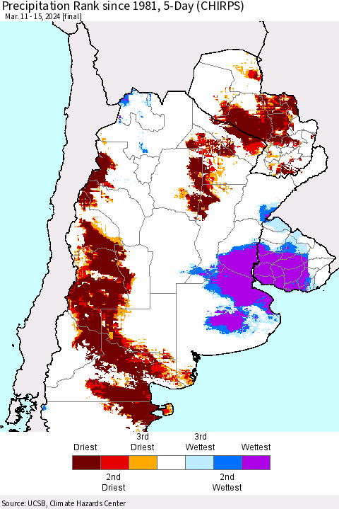 Southern South America Precipitation Rank since 1981, 5-Day (CHIRPS) Thematic Map For 3/11/2024 - 3/15/2024