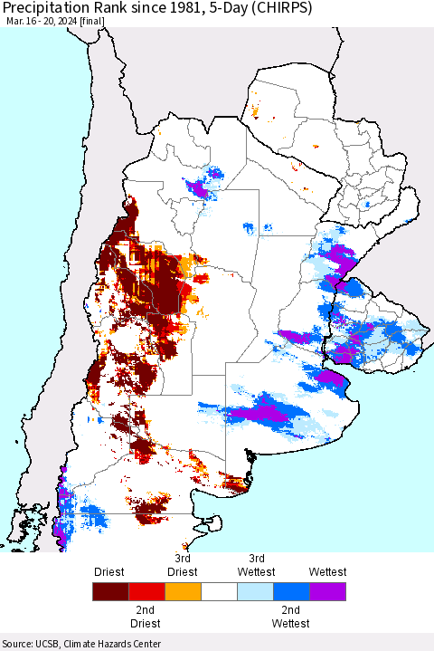 Southern South America Precipitation Rank since 1981, 5-Day (CHIRPS) Thematic Map For 3/16/2024 - 3/20/2024