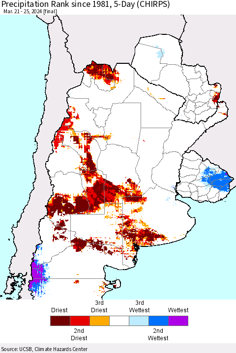 Southern South America Precipitation Rank since 1981, 5-Day (CHIRPS) Thematic Map For 3/21/2024 - 3/25/2024