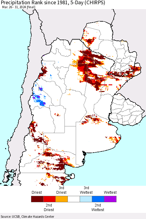 Southern South America Precipitation Rank since 1981, 5-Day (CHIRPS) Thematic Map For 3/26/2024 - 3/31/2024