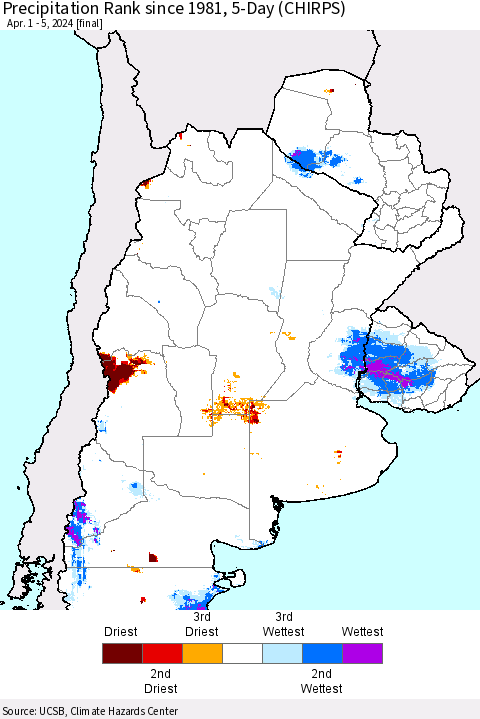 Southern South America Precipitation Rank since 1981, 5-Day (CHIRPS) Thematic Map For 4/1/2024 - 4/5/2024