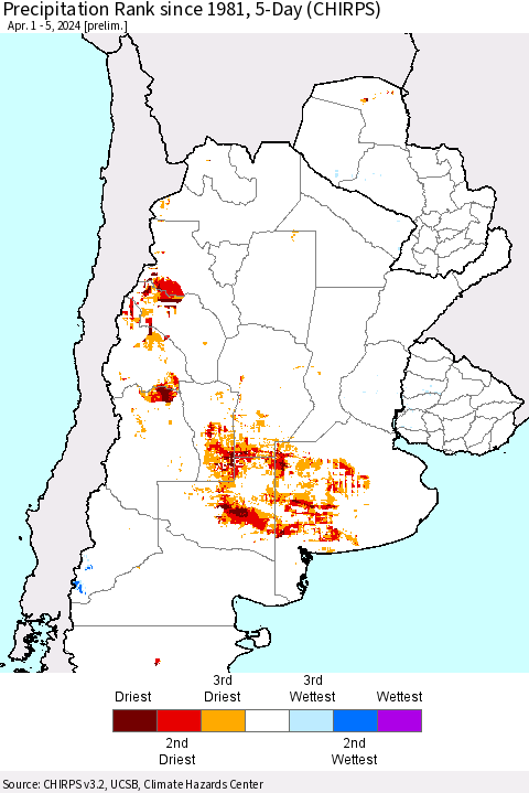 Southern South America Precipitation Rank since 1981, 5-Day (CHIRPS) Thematic Map For 4/1/2024 - 4/5/2024