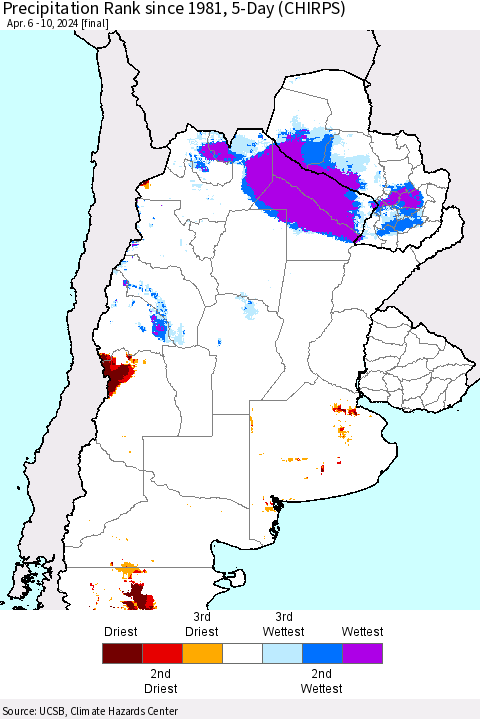 Southern South America Precipitation Rank since 1981, 5-Day (CHIRPS) Thematic Map For 4/6/2024 - 4/10/2024