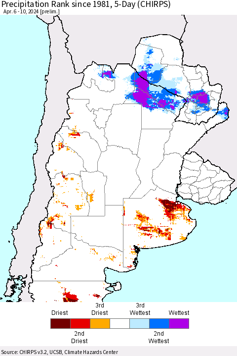 Southern South America Precipitation Rank since 1981, 5-Day (CHIRPS) Thematic Map For 4/6/2024 - 4/10/2024