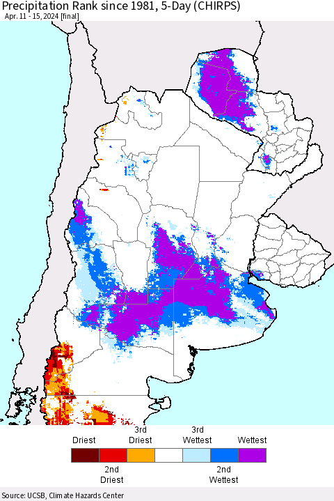 Southern South America Precipitation Rank since 1981, 5-Day (CHIRPS) Thematic Map For 4/11/2024 - 4/15/2024