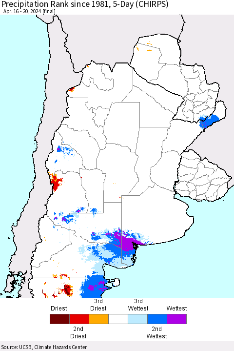 Southern South America Precipitation Rank since 1981, 5-Day (CHIRPS) Thematic Map For 4/16/2024 - 4/20/2024