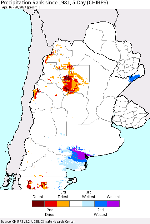 Southern South America Precipitation Rank since 1981, 5-Day (CHIRPS) Thematic Map For 4/16/2024 - 4/20/2024