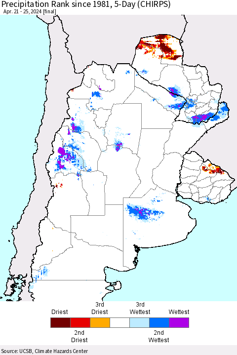 Southern South America Precipitation Rank since 1981, 5-Day (CHIRPS) Thematic Map For 4/21/2024 - 4/25/2024