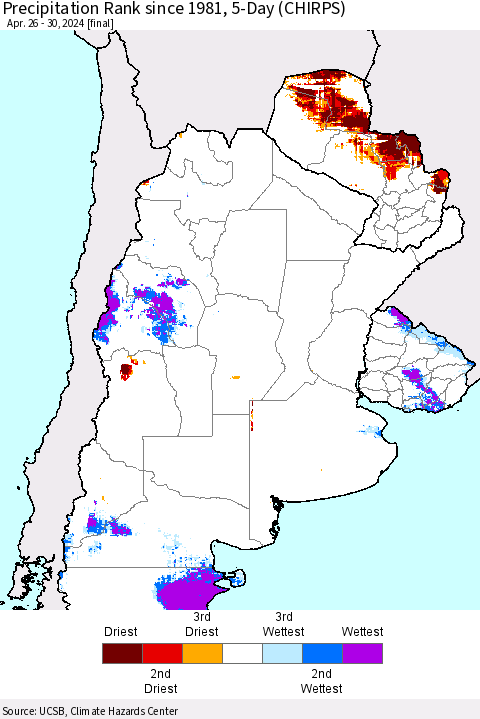 Southern South America Precipitation Rank since 1981, 5-Day (CHIRPS) Thematic Map For 4/26/2024 - 4/30/2024