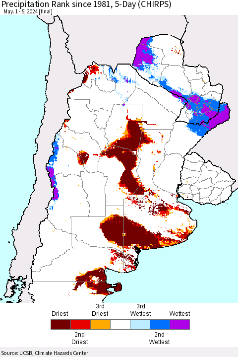 Southern South America Precipitation Rank since 1981, 5-Day (CHIRPS) Thematic Map For 5/1/2024 - 5/5/2024