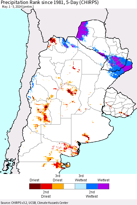 Southern South America Precipitation Rank since 1981, 5-Day (CHIRPS) Thematic Map For 5/1/2024 - 5/5/2024