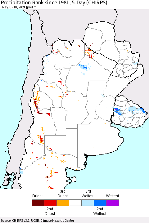 Southern South America Precipitation Rank since 1981, 5-Day (CHIRPS) Thematic Map For 5/6/2024 - 5/10/2024
