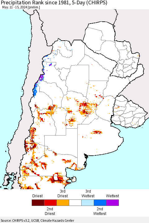 Southern South America Precipitation Rank since 1981, 5-Day (CHIRPS) Thematic Map For 5/11/2024 - 5/15/2024